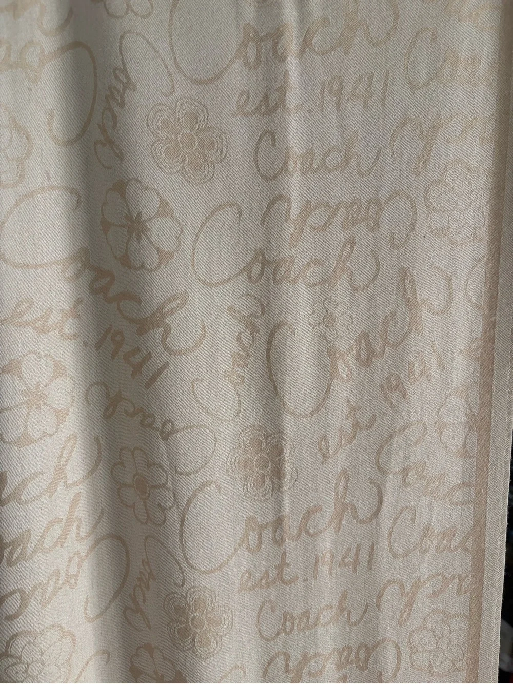 Coach Cream Script-Print scarf pashmina shawl with flowers logo silk wool As Is